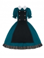 Peacock Blue and White Rose Applique  Puff Sleeves Gothic Lolita OP Dress