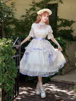 Summer Daisy and Cherry Print Puff Sleeves Chiffon Classic Lolita OP Dress