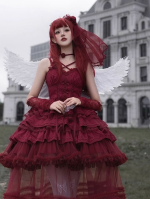 Mirror Waltz Black/Red Rose Bow Tiered Gothic Lolita JSK Dress Full Set