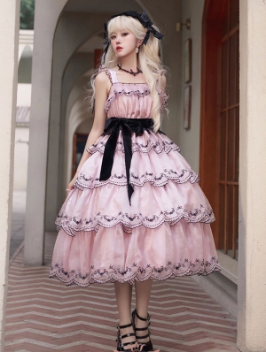 Pink and Black Lace Rose Embroidered Tiered Classic Lolita JSK Dress