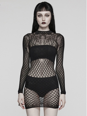Black Gothic Sexy Patterned Mesh Fit Short Dress