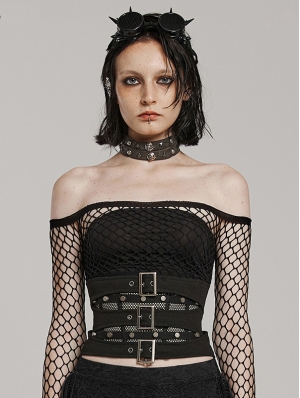 Black Gothic Punk Mesh Layered Underbust Corset Waistband for Women