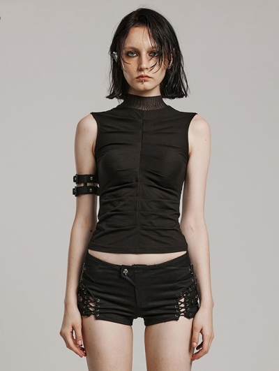 Black Gothic Skeleton Pleats Sleeveless T-Shirt for Women