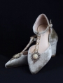 Gray Retro Crystal Velvet T-Strap Chunky Heel Victorian Shoes