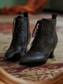 Black Vintage Brogue Carved Leather Lace-Up Victorian Ankle Boots