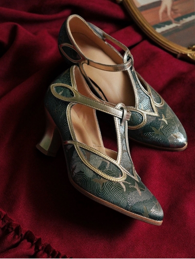 Golden Gray Embroidery T-Strap Heeled Victorian Shoes