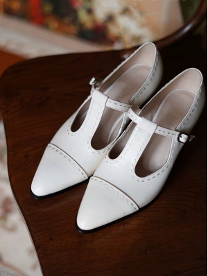 White Retro Pointed Toe T-Strap Chunky Heel Victorian Shoes