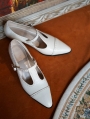 White Retro Pointed Toe T-Strap Chunky Heel Victorian Shoes