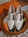 White Retro Pointed Toe T-Strap Chunky Heel Victorian Shoes
