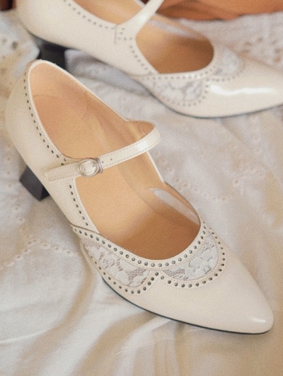 White Vintage Lace Splicing Leather Buckle Strap Victorian Shoes