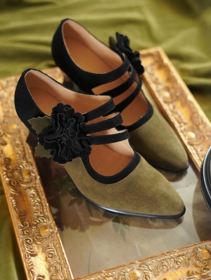Dark Green Vintage Flower Hollow Strap Heeled Victorian Shoes