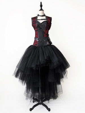 Black and Red Gothic Steampunk Skull Corset High-Low Prom Party Dress