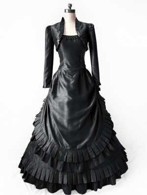 Black Taffeta 3-Pieces Gothic Victorian Bustle Gown Dress