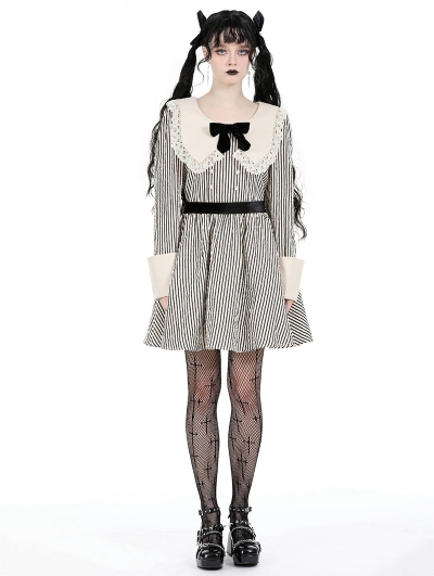 Vintage Big Lapels Gothic Classy Striped Short Dress