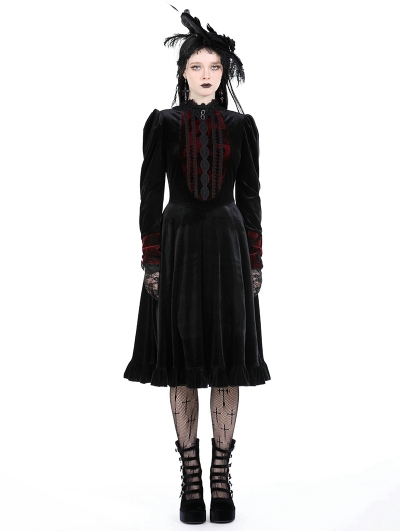 Black and Scarlet Red Vintage Gothic Velvet Mid-Length Dress