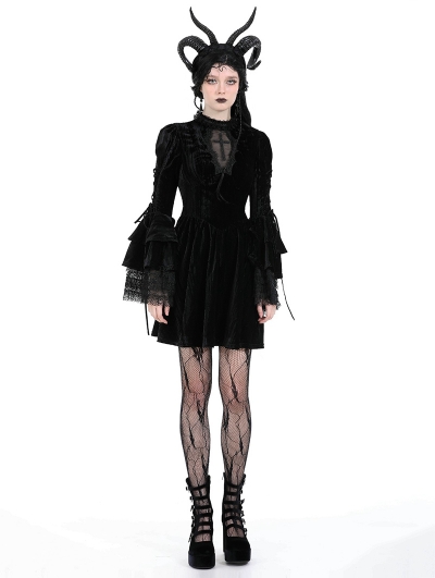 Black Gothic Haunted Cross Long Bell Sleeves Velvet Short Dress