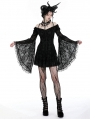 Black Gothic Embroidered Off-the-Shoulder Long Trumpet Sleeves Short Dress