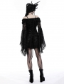 Black Gothic Embroidered Off-the-Shoulder Long Trumpet Sleeves Short Dress