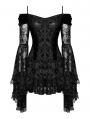 Black Gothic Embroidered Off-the-Shoulder Long Trumpet Sleeves Short Dress