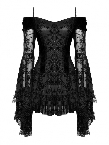 Black Gothic Embroidered Off-the-Shoulder Long Trumpet Sleeves Short ...