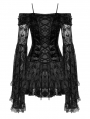 Black Gothic Embroidered Off-the-Shoulder Long Trumpet Sleeves Short Dress