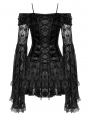 Black Gothic Embroidered Off-the-Shoulder Long Trumpet Sleeves Short Dress