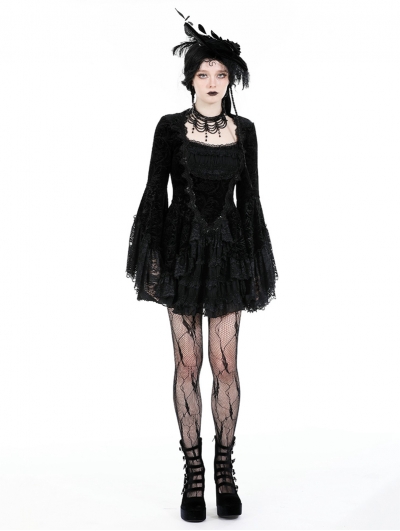 Black Vintage Gothic Lace-Trim Pattern Velvet Short Dress