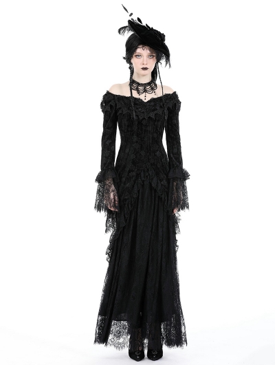 Black Gothic Queen Rose Cold Shoulder Sexy Long Fishtail Dress