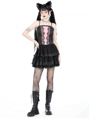 Black and Pink Gothic Doll Lace Frilly Short Dress