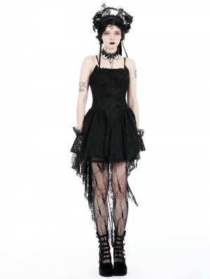 Black Gothic Strap Rose Bloom Dovetail Lace Party Dress