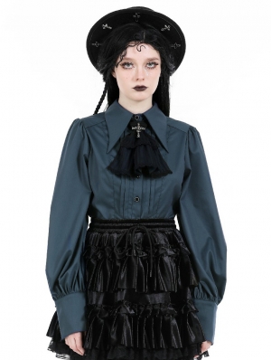 Blue Gothic Retro Doll Ruffle Neck Blouse for Women