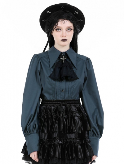 Blue Gothic Retro Doll Ruffle Neck Blouse for Women