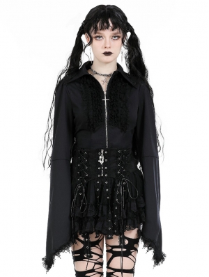Black Gothic Ruffle Zip Up Blouse for Women