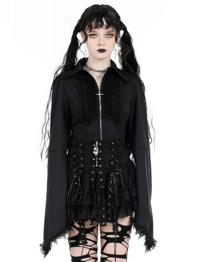 Black Gothic Ruffle Zip Up Blouse for Women