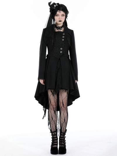 Black Retro Gothic Asymmetrical Buttons Woolen Tail Coat for Women