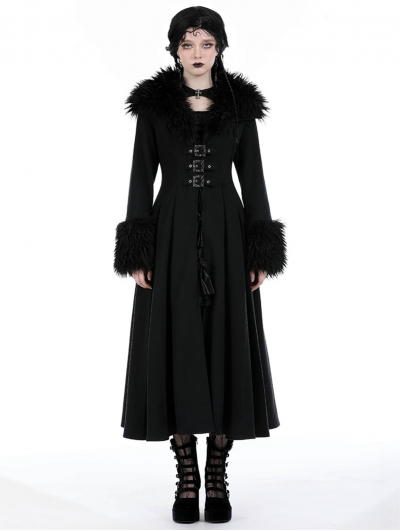 Black Gothic Faux Fur Trim Woolen Long Coat for Women