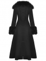 Black Gothic Faux Fur Trim Woolen Long Coat for Women