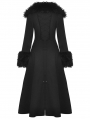 Black Gothic Faux Fur Trim Woolen Long Coat for Women