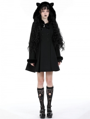 Black Gothic Cute Cat Ear Double-Breasted Woolen Coat for Women