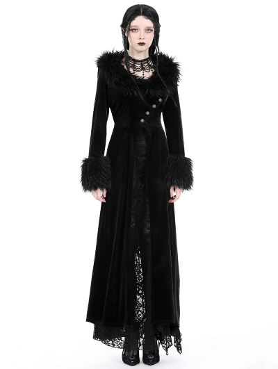 Black Gothic Ladylike Fur Velvet Long Coat for Women