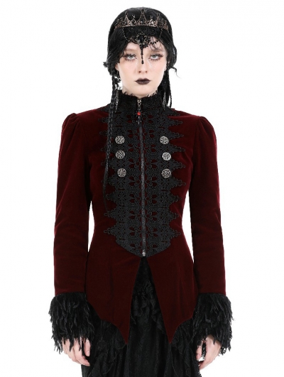Burgundy Gothic Velvet Court Zip Up Short Jacket for Women