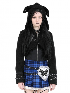 Black Gothic Mischievous Bear Hooded Short Jacket for Women