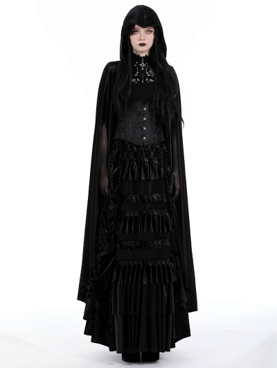 Black Retro Gothic Knight Errant Cutout Long Velvet Cape for Women