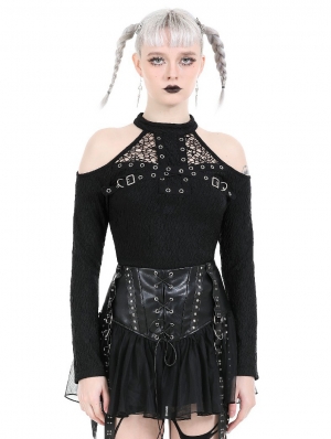 Black Gothic Punk Metal Bandage Halter T-Shirt for Women