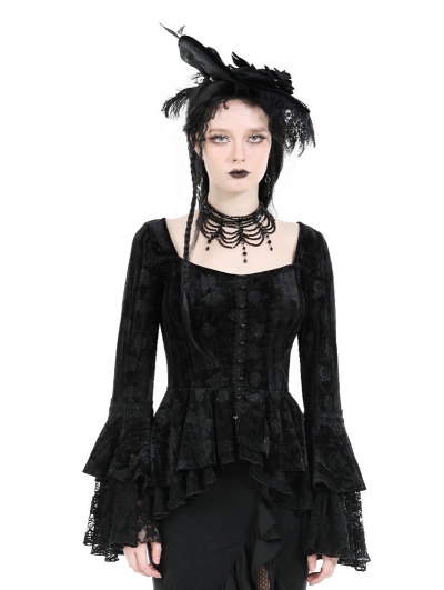 Black Vintage Gothic Goddess Elegant Velvet Top for Women