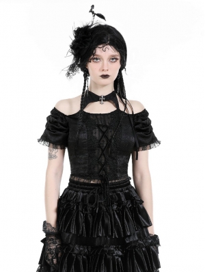 Black Gothic Lace-Up Sexy Hollow Out Short Top for Women