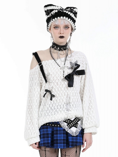 White Gothic Rebel Girl Loose Pin Bow Sweater for Women