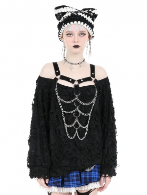 Black Gothic Rebel Girl Ribs Shredded Loose Sweater for Women