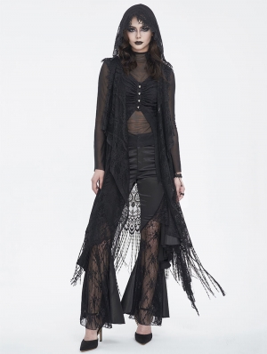 Black Gothic Sleeveless Hooded Lace Tasseled Vest for Women