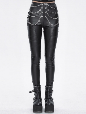 Black Gothic Punk Metal Layered Chain Skinny Pants for Women